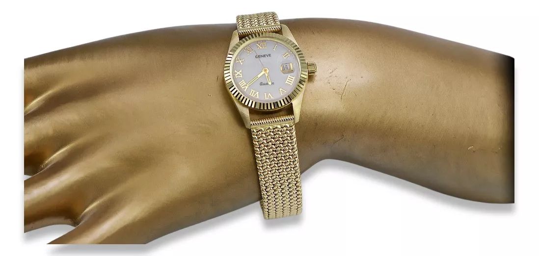 Złoty zegarek damski 14k Geneve z perłową tarczą lw020ydpr&lbw003y Wr