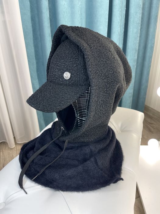 Женский капор на флисе+кепка тедди черный,молоко Жіночий капор+кепка