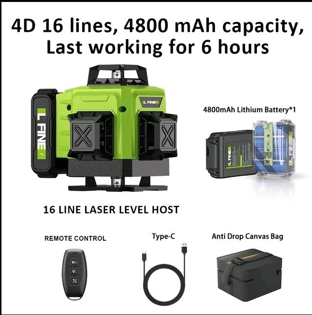 4д рівень нівелір СУПЕР Батарея! Лазерний нівелір 4D зелений L-Fine