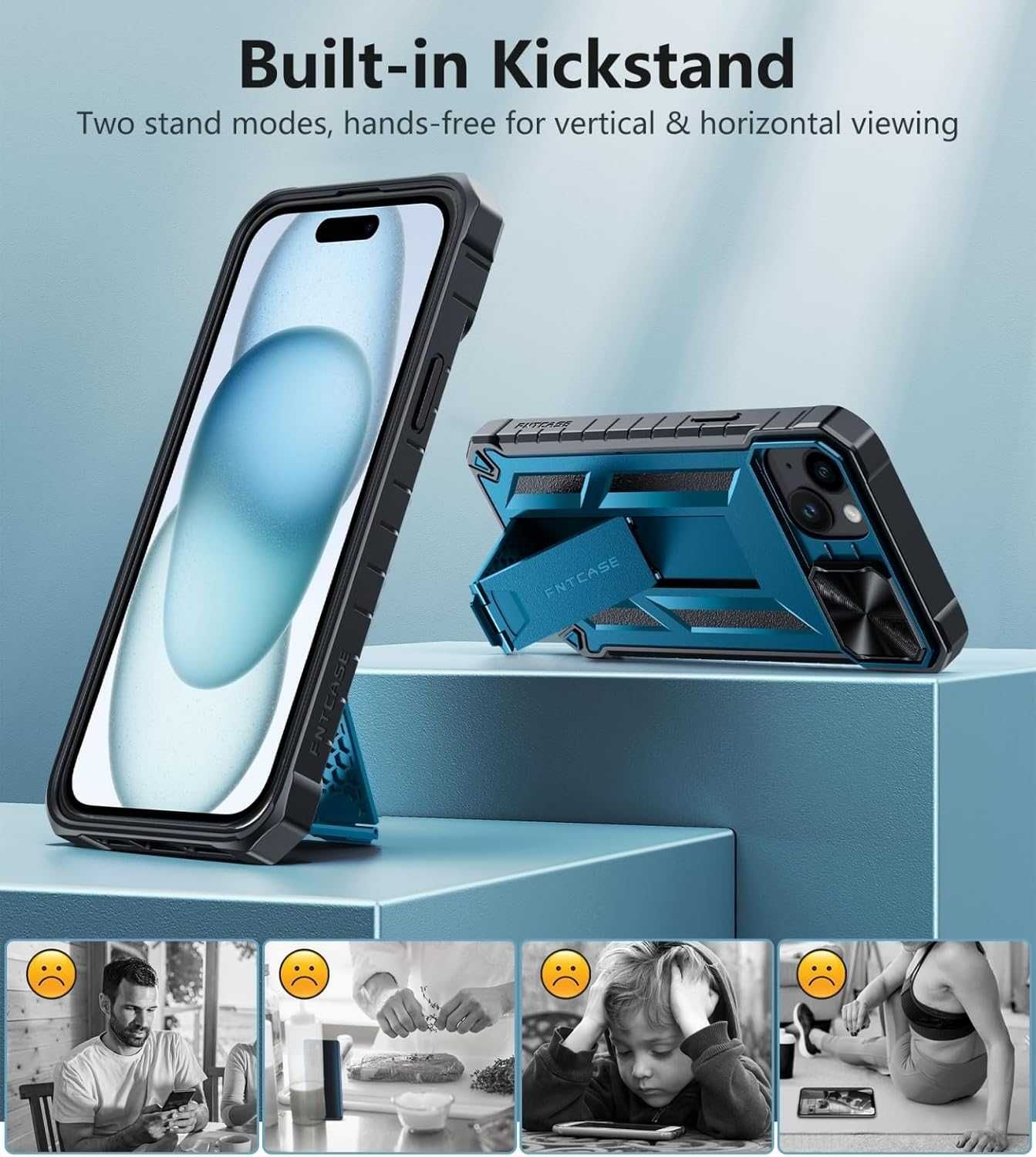 FNTCASE etui pancerne iPhone 15 Plus 14 Plus szkło stojak niebieskie