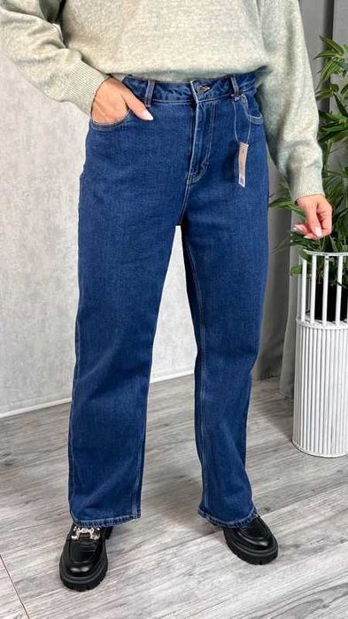 Jeansy granatowe z wysokim stanem Wide Leg szerokie nogawki kieszenie