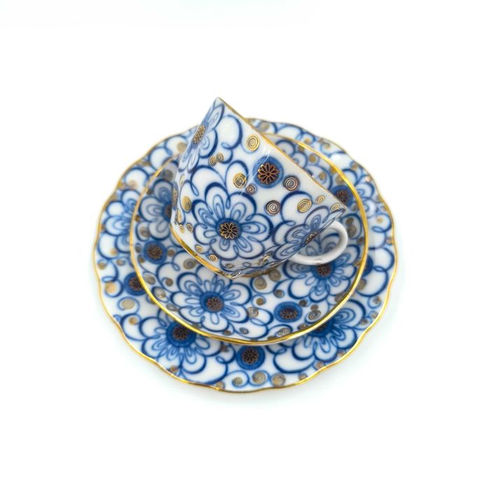 Łomonosow Trio Filiżanka Podstawek Spodek Talerzyk Porcelana Kobalt