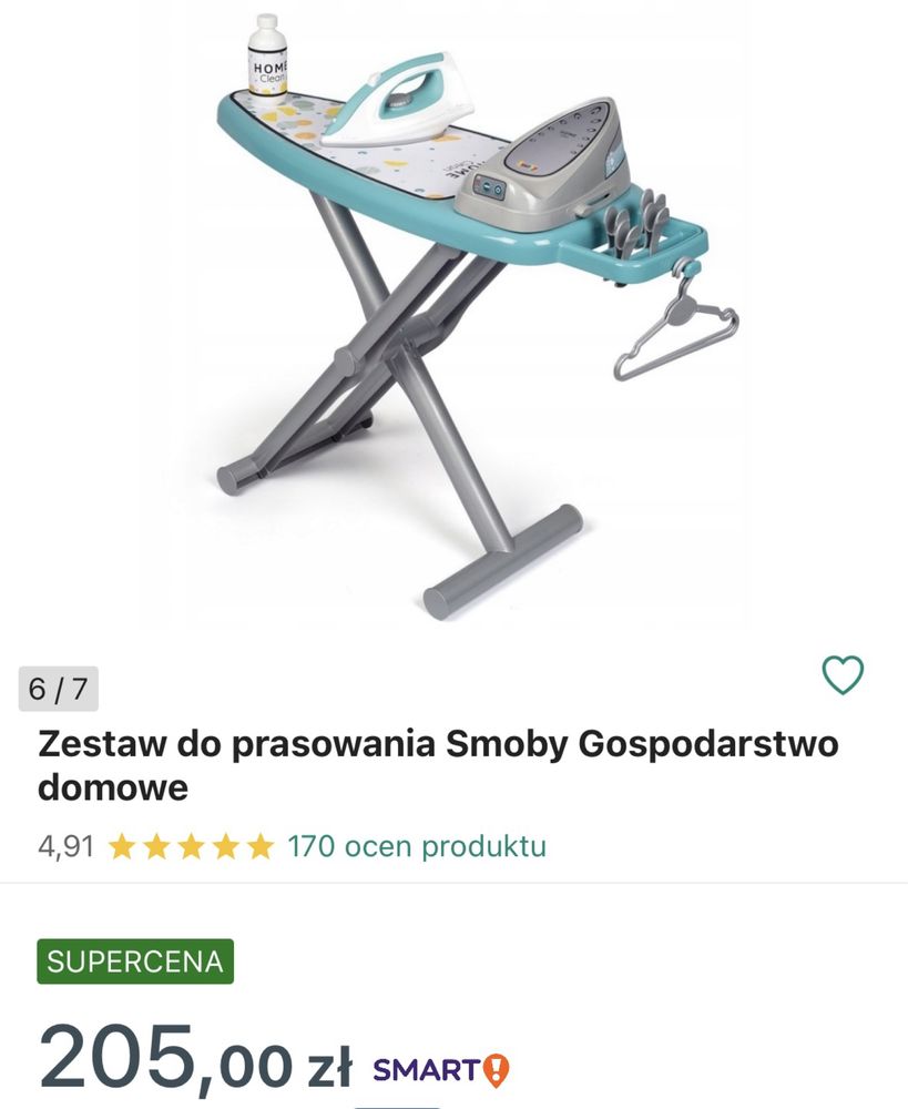 Smoby deska do prasowania żelazko zestaw wieszaki klamerki