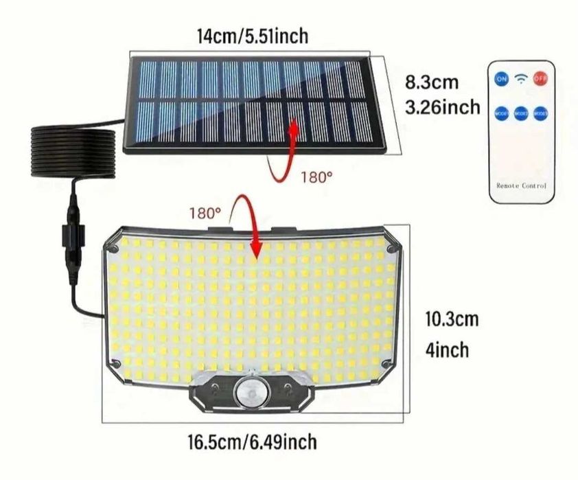 Вуличний прожектор ліхтар акумулятор 234 LED  датчик руху сон. панель