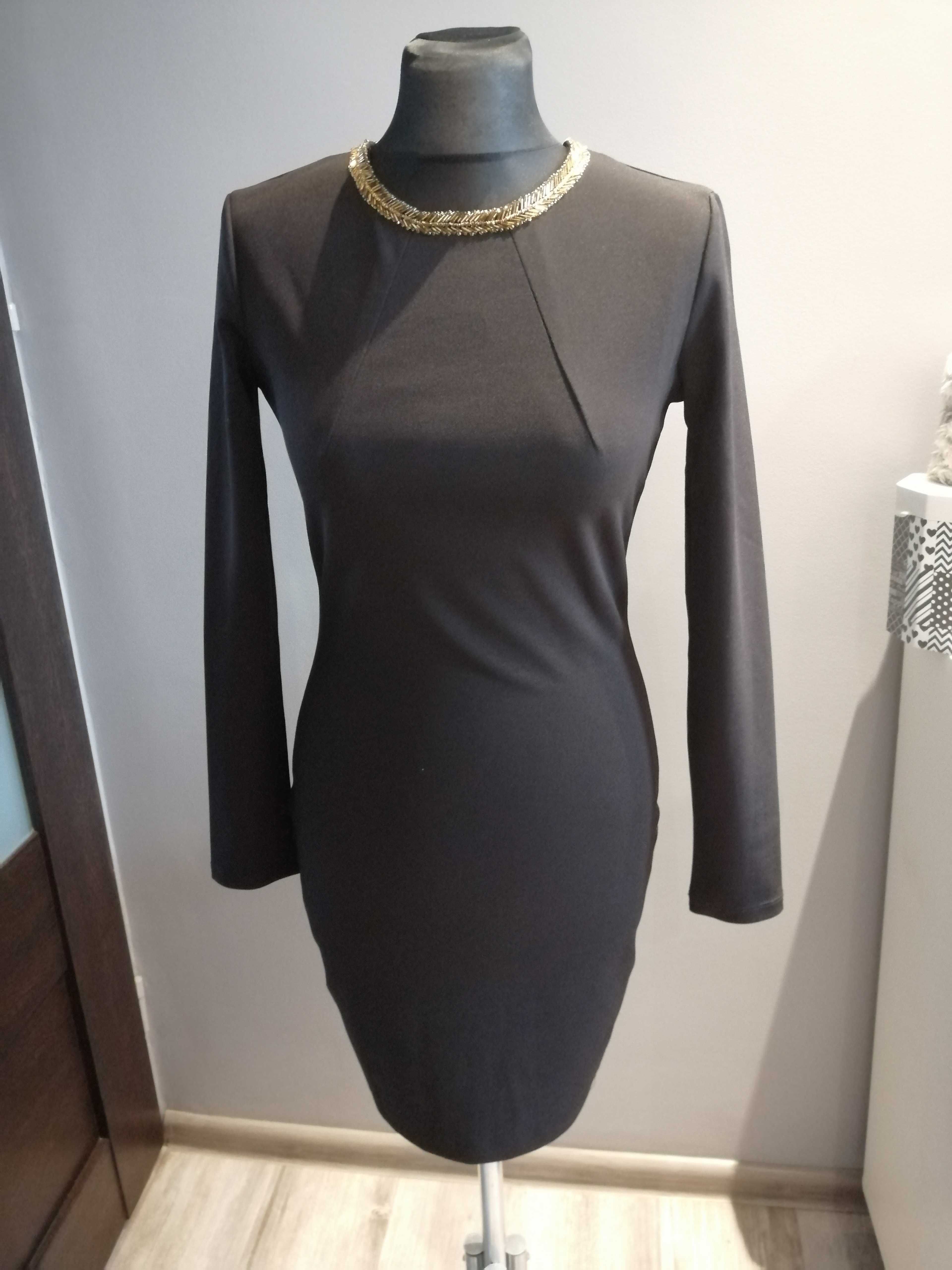 Mała czarna sukienka obcisła H&M 36 S glamour sexy zdobienia gold