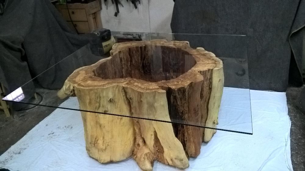 UNIKAT !!! stół z drewna pień 100-letniej topoli + blat szklany