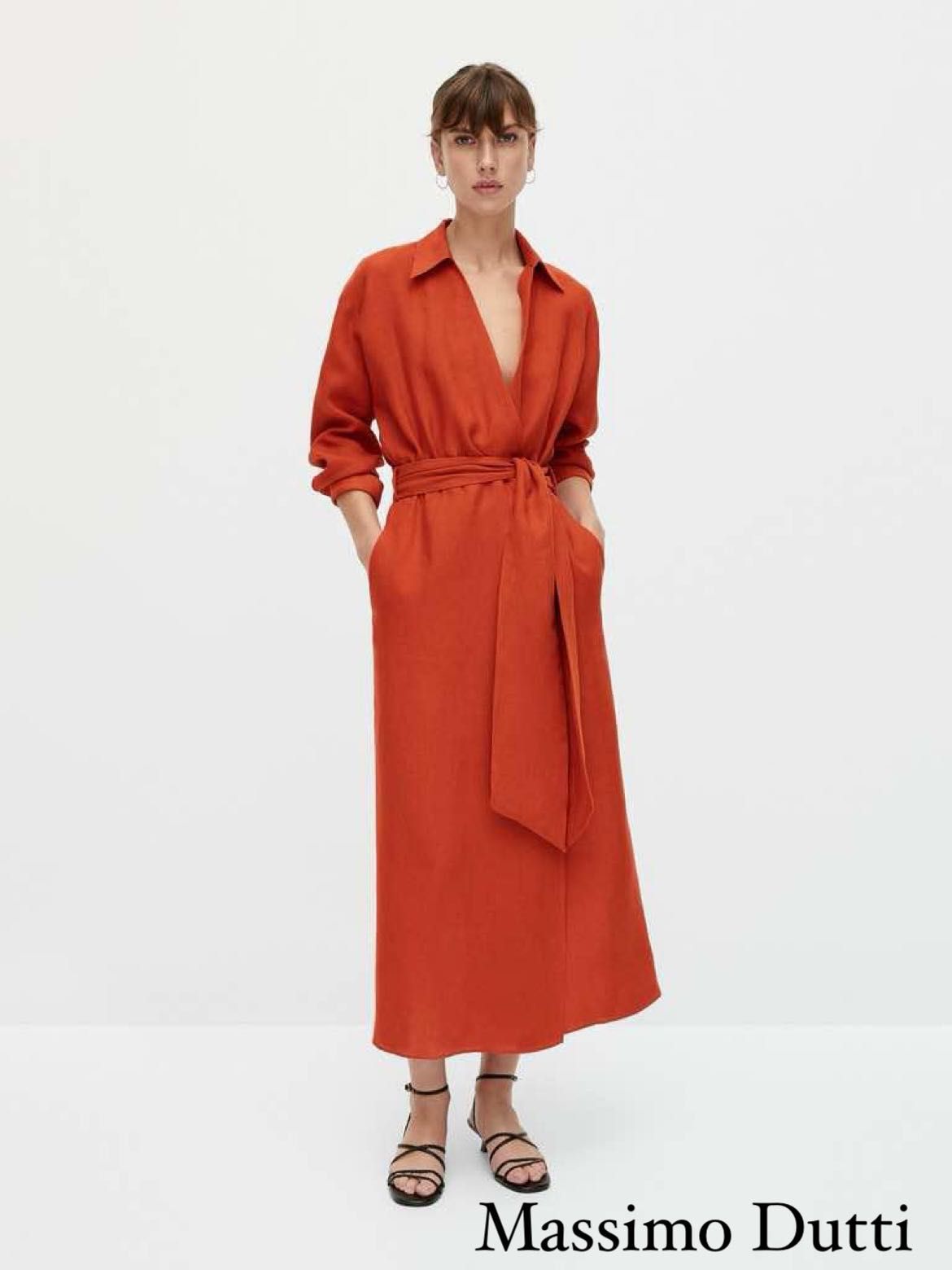 Massimo Dutti - lniana kopertowa sukienka z kieszeniami rozm. XS 34