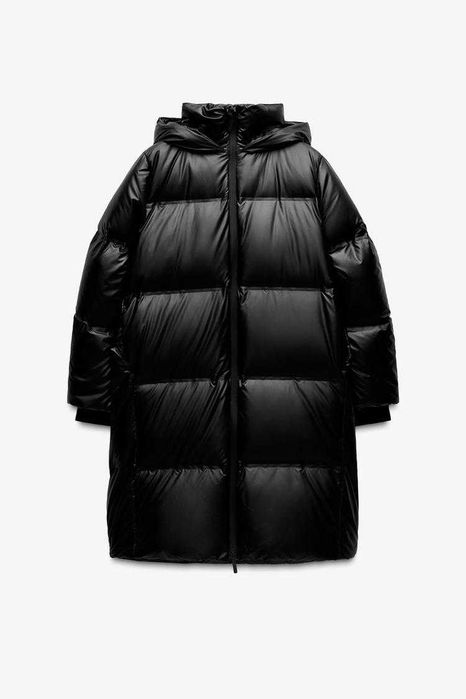 Довгий чорний пуховик від бренду zara (80% пух, 20% перо)
