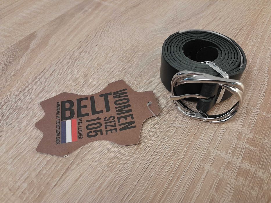 Skórzany pasek damski z Holandii, czarny_gładki_105 cm_ kl. srebrna