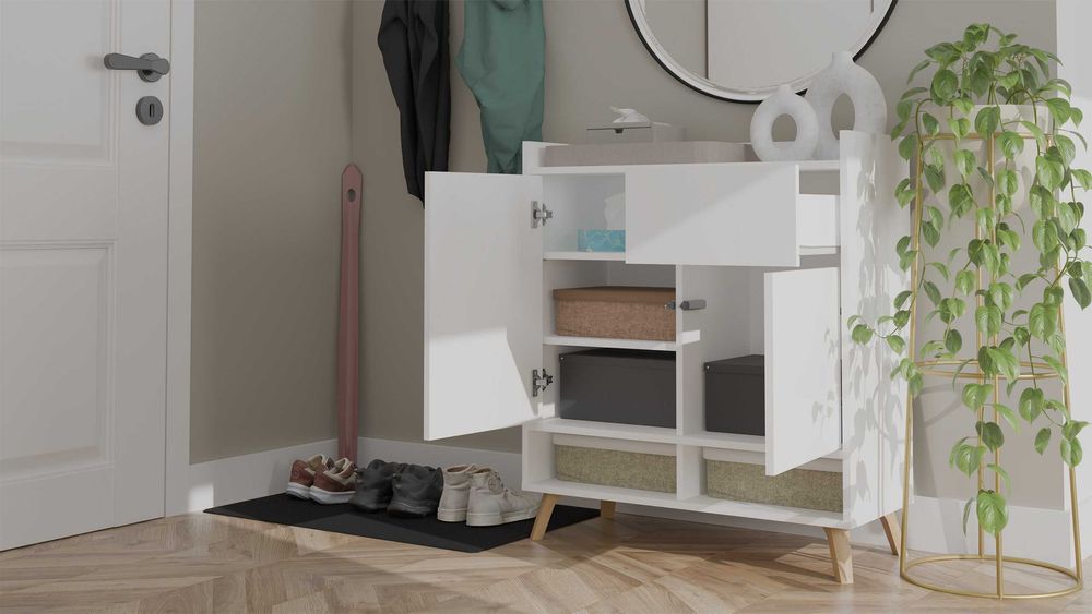 Komoda COLIN z Nóżkami Szafka 2 Drzwi 1 Szuflada Do Salonu BIAŁA