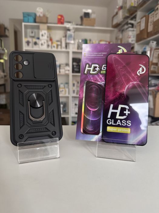 Etui Plecki Pancerne czarne + SZKŁO Cały ekran do Samsung Galaxy M35