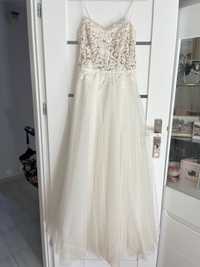 Piękna suknia ślubna 38 M brokat gorsetowa guziki rozcięcie