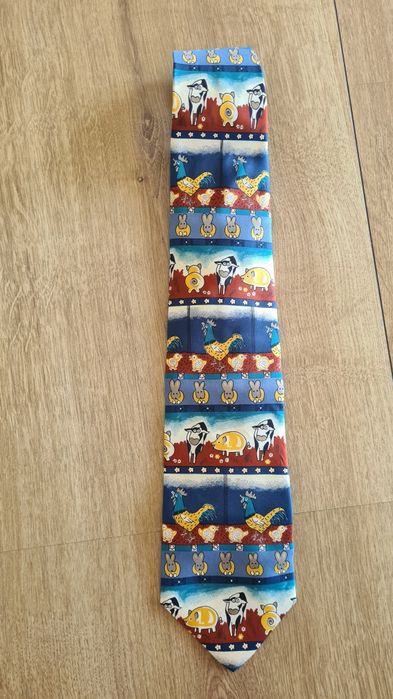 Krawat 100% Jedwab Silk. Krowy Kaczki Kury Świnki Króliki. Wzór wiejsk