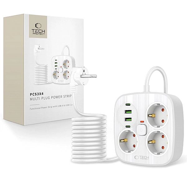 Tech-Protect Pcs3X4 Power Strip 2 Usb & 2 Type-C & 3 Socket 200Cm Whit