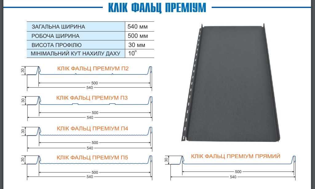 Фальцева покрівля, Клік- Фальц, Фальц, Товщина 0,5 мм., 0,45 мм.,