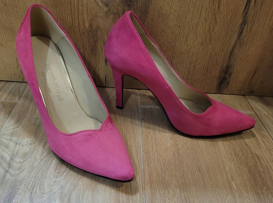 Szpilki, obcasy 10 cm, rozmiar 38, różowe, fuksja, zamszowe