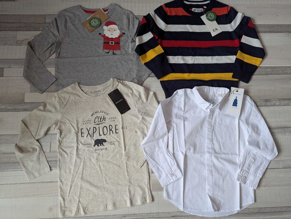 Zestaw dla chłopca Święta r.116 - spodnie, bluzki, sweter, koszula.