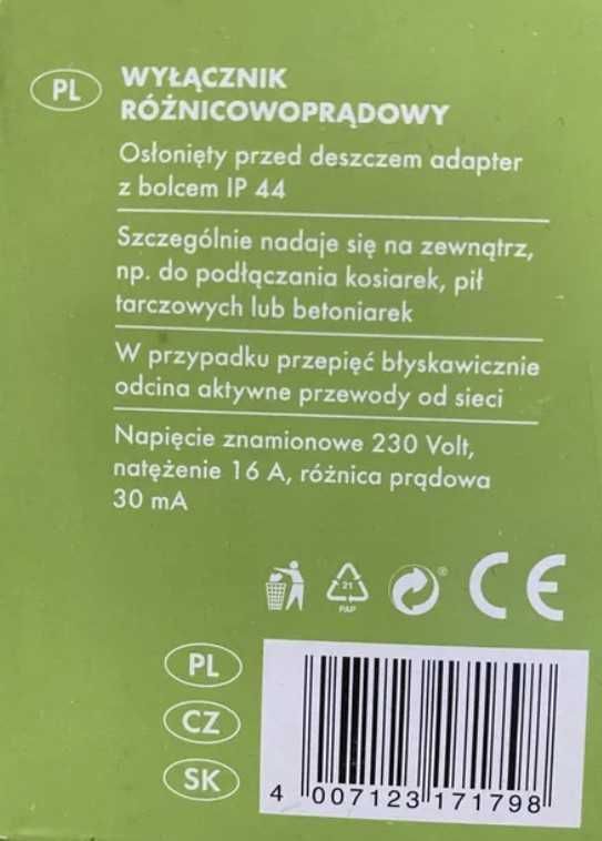 Zewnętrzny adapter do gniazda z RCD wyłącznik automatyczny
