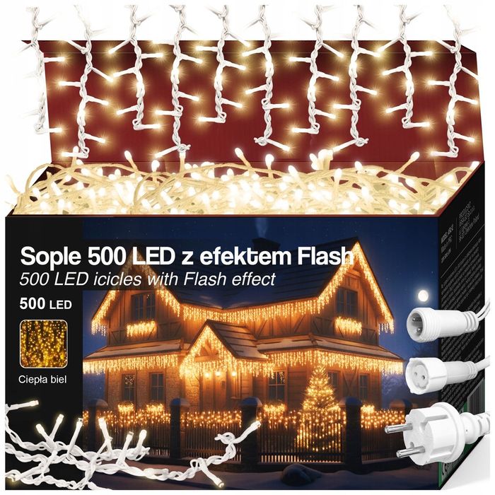 sople 100 led ciepła biel + efekt flash 5,5 m na dach lampka choinkowa