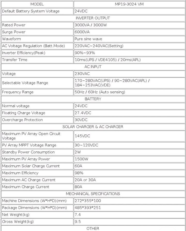 Інвертор MUST energy 3квт.  Mp19-3024 vm 
Energy 3 кВт, 24 В, МРР