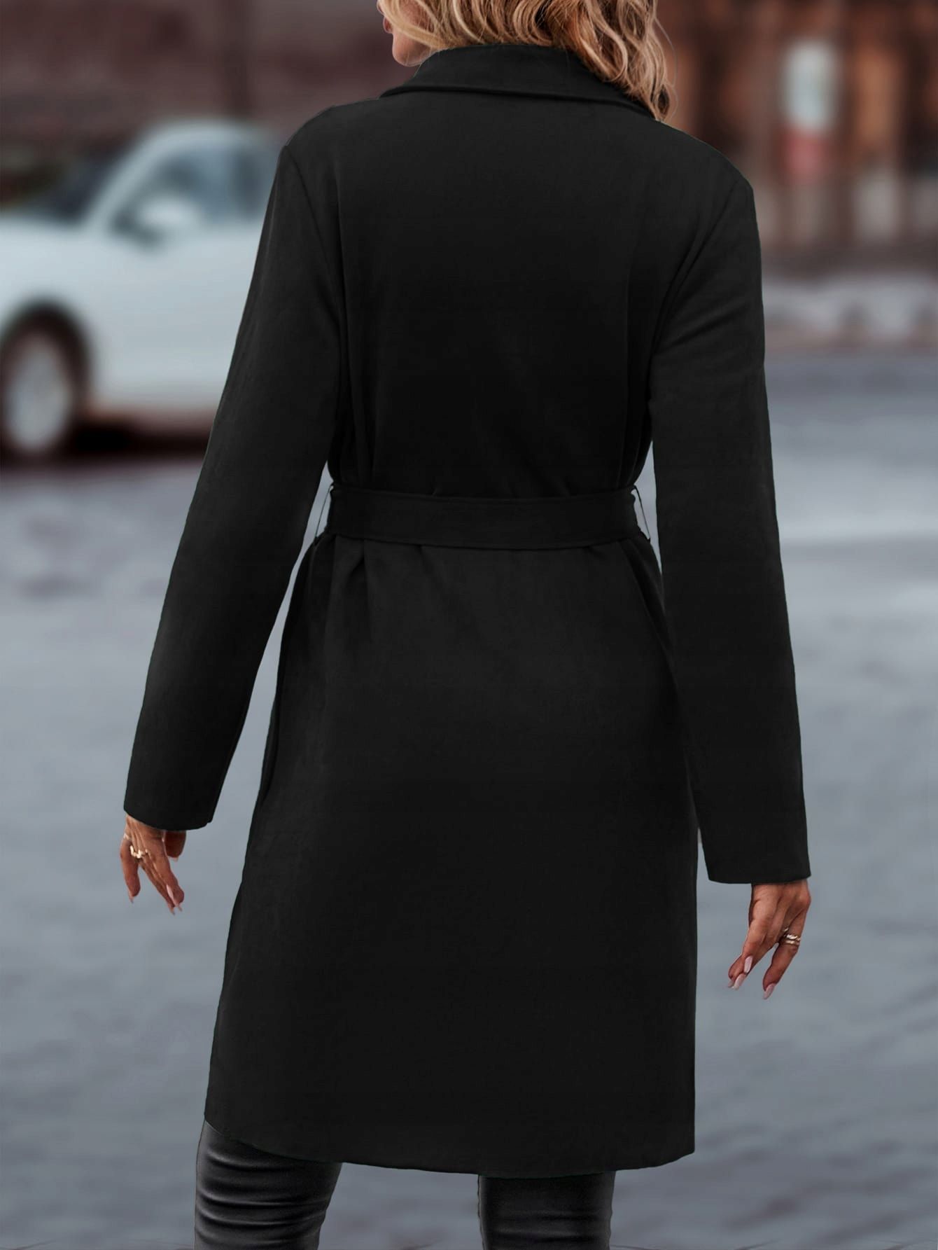 Płaszcz damski zamszowy bez zapięcia z paskiem czarny casual SHEIN XL