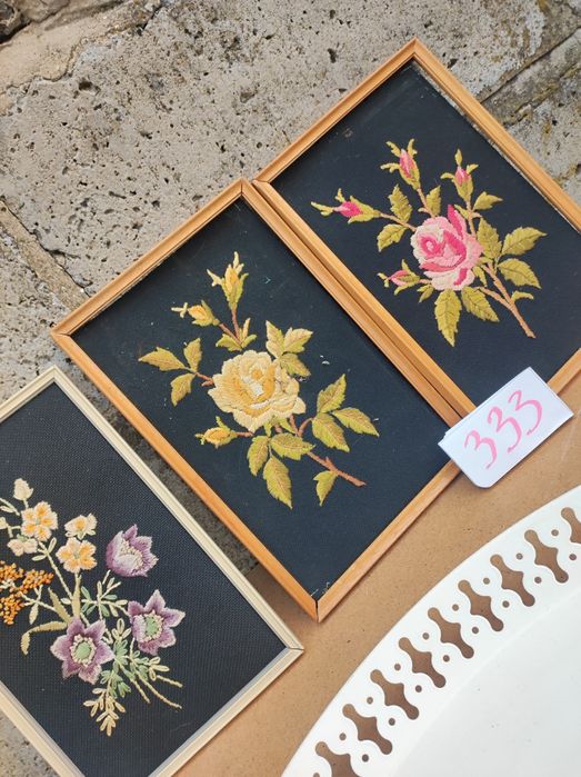 Przedmioty kolekcjonerskie-obrazy kwiaty drewno vintage