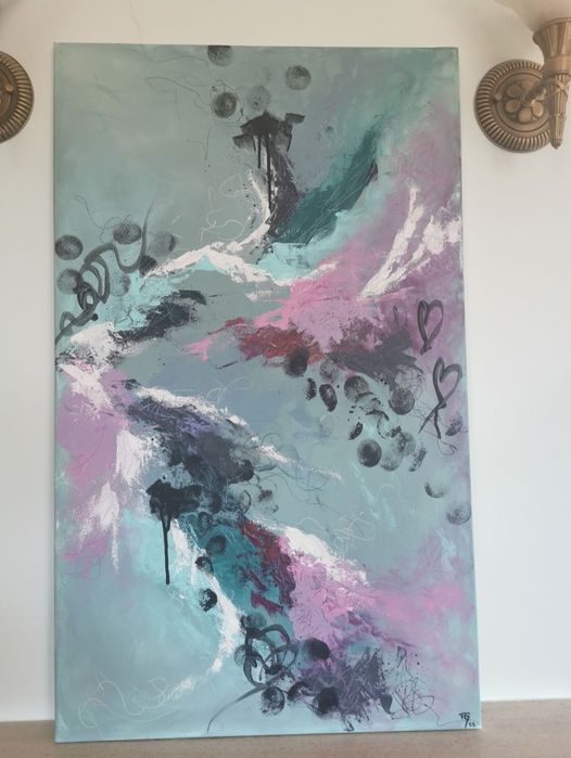 Quadro em tela original em acrílico, tons verde e rosa