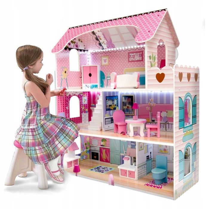 Duży drewniany domek dla lalek barbie willa led