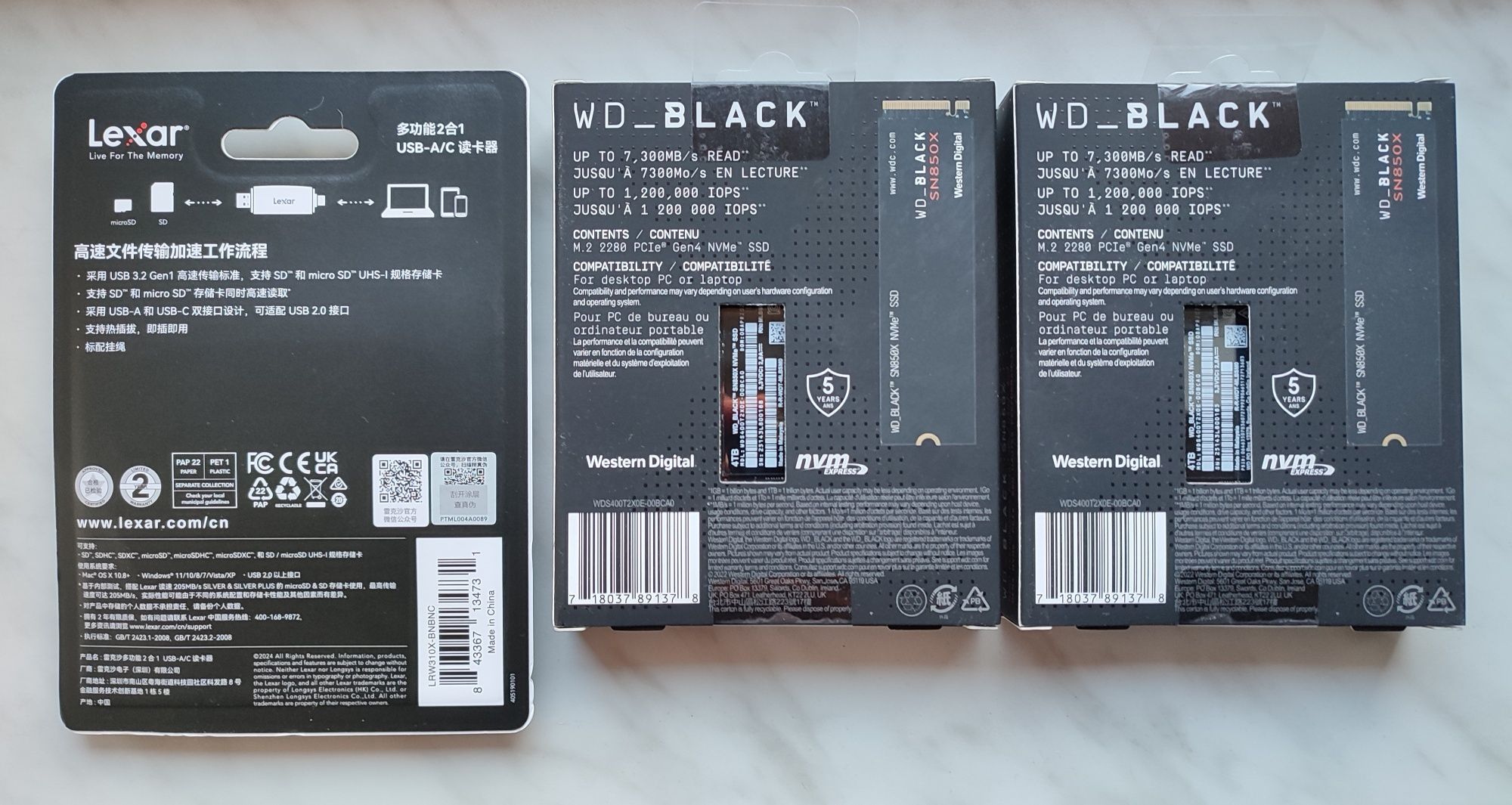 Lexar czytnik kart SD + dwa dyski SSD: WD Black SN850X GAME DRIVE 4TB.