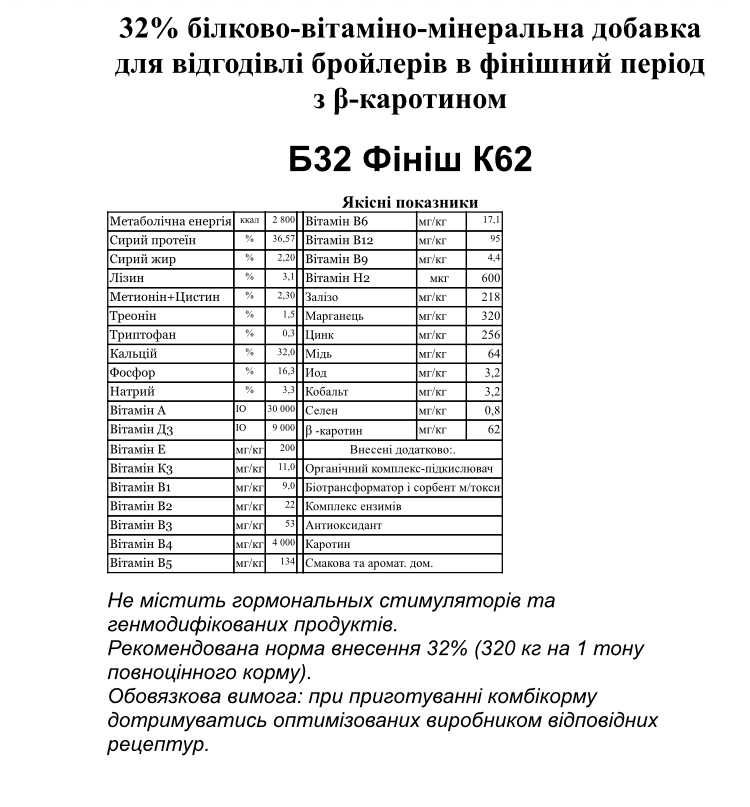 БВМД 32%фініш + каротин для бройлерів, качок та індиків 25кг