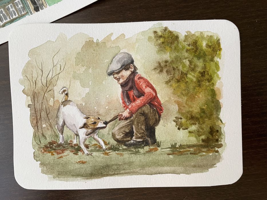 Акварель, мальчик с собакой, открытка