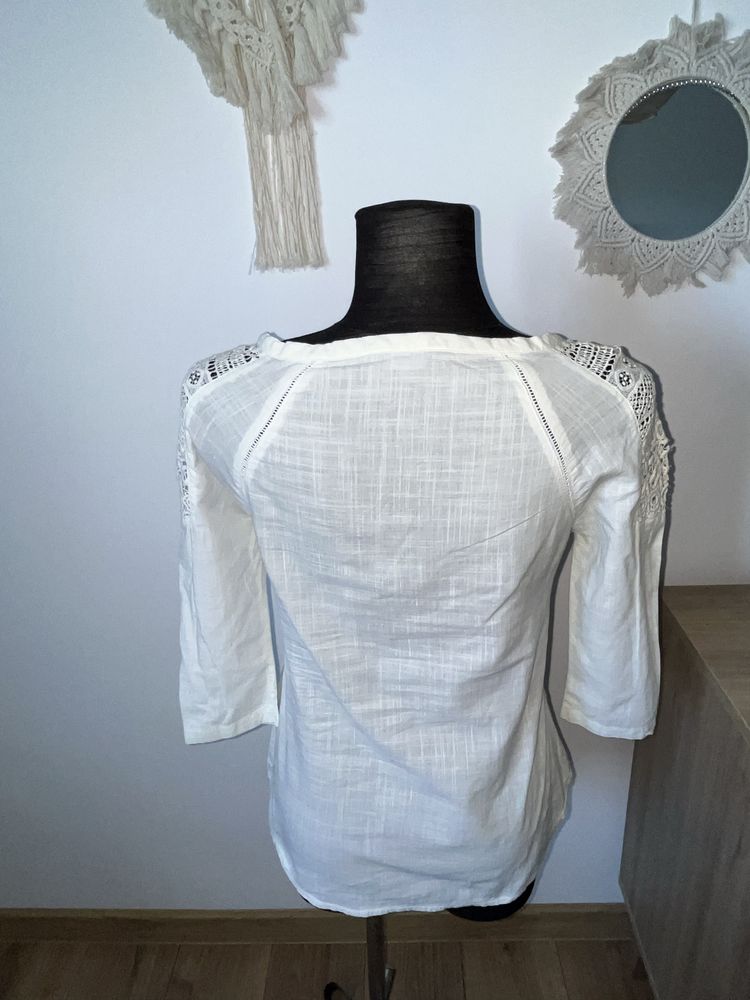 Bawełniana bluzka koszula etno boho folk z gipiurą biała S