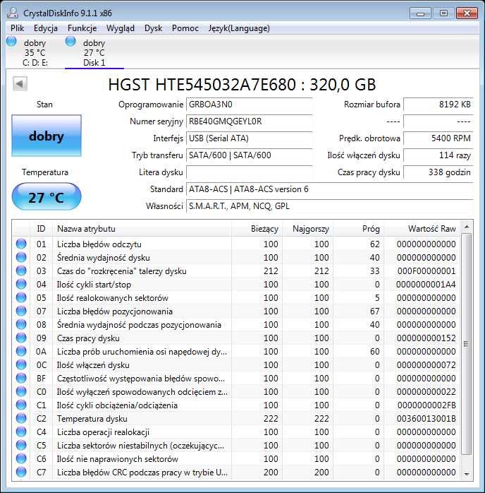 HGST HTE545032A7E680 320GB 2,5" 7200 rpm. SATA III Dysk HDD Do Laptopa
