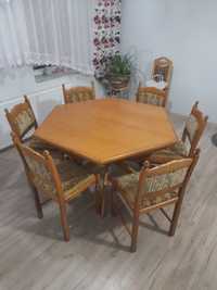 Stół drewniany sześciokątny + 6 krzeseł