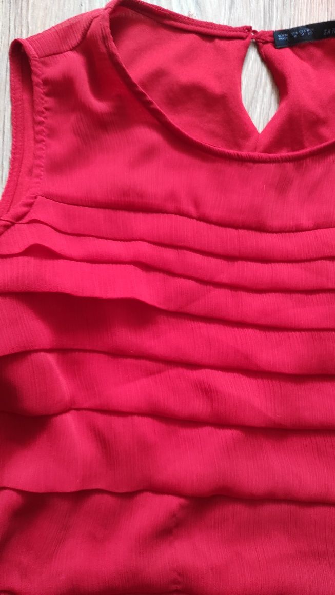 Czerwona szyfonowa sukienka damska z falbanami Zara M