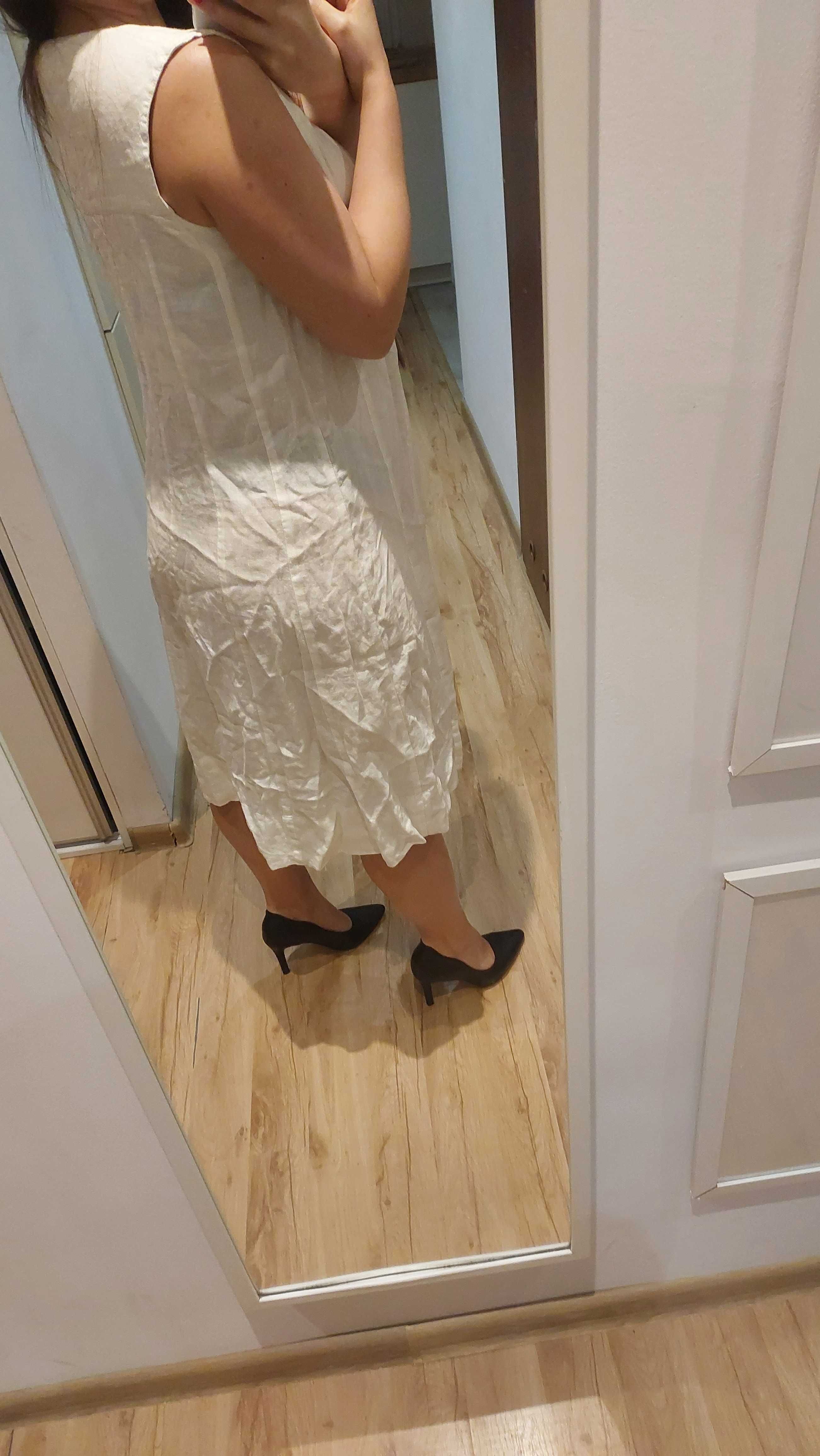 biała lniana sukienka len L XL midi