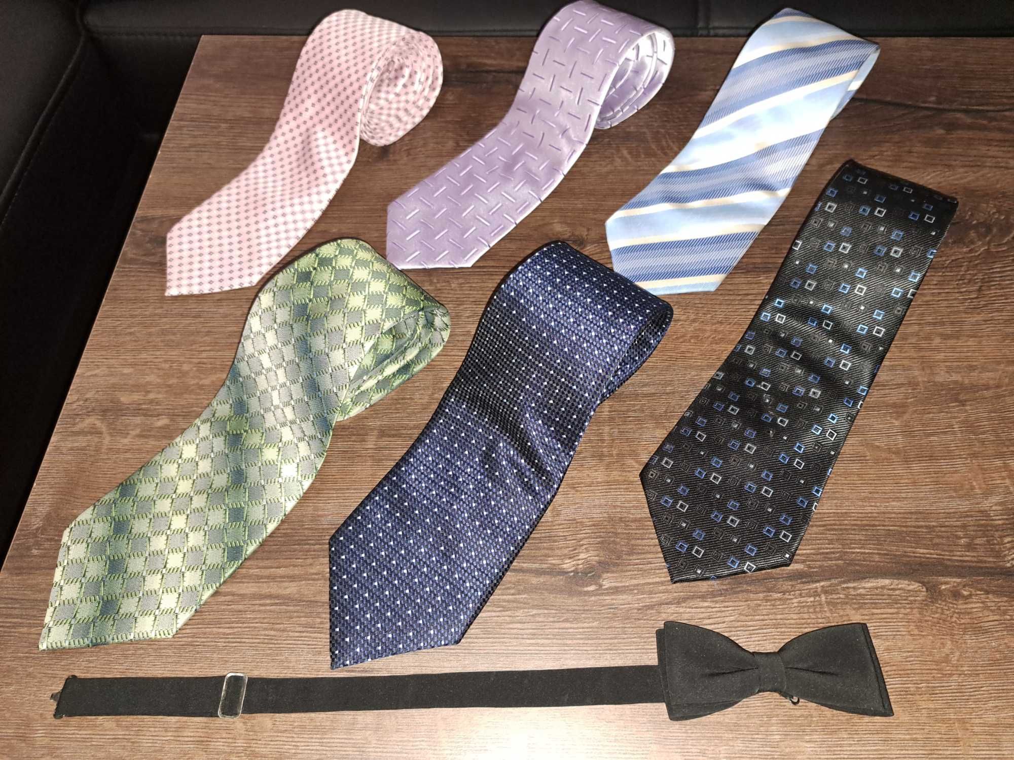 Krawat męski 6 sztuk różne kolory/ wzory + muszka czarna Stan jak nowe