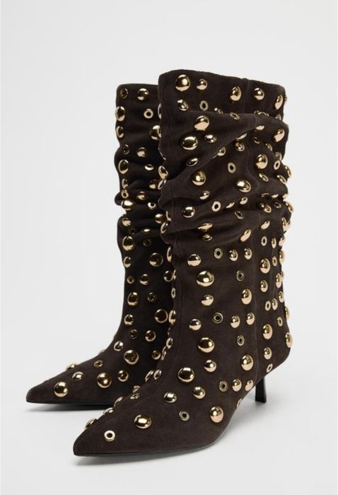 Черевики чоботи замшеві коричневі zara з заклепками люверсами kitten