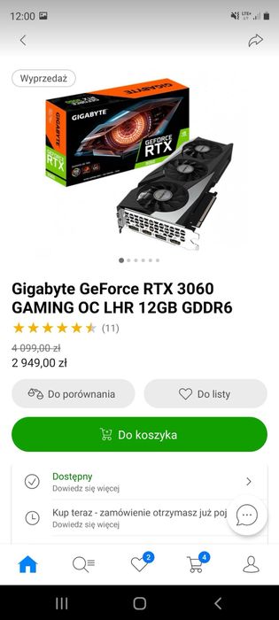Karta Graficzna Gigabyte Nvidia RTX3060 Gaming OC 12 GB