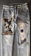 Spodnie jeans LV, stretch, slim, naszywki, przetarcia, roz.XL
