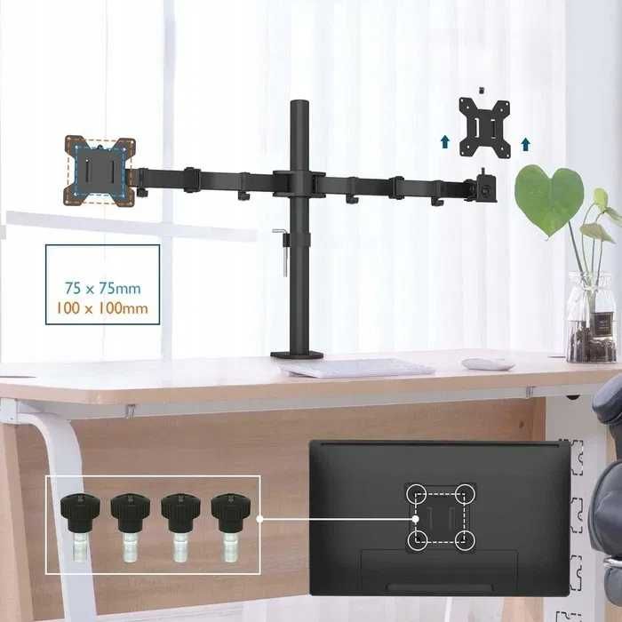 Bontec MDM002 mocny, stalowy uchwyt na biurko z podwójnym ramieniem