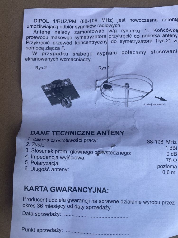 Antena radiowa DIPOL DL-1 RUZ B PM 2 polaryzacje