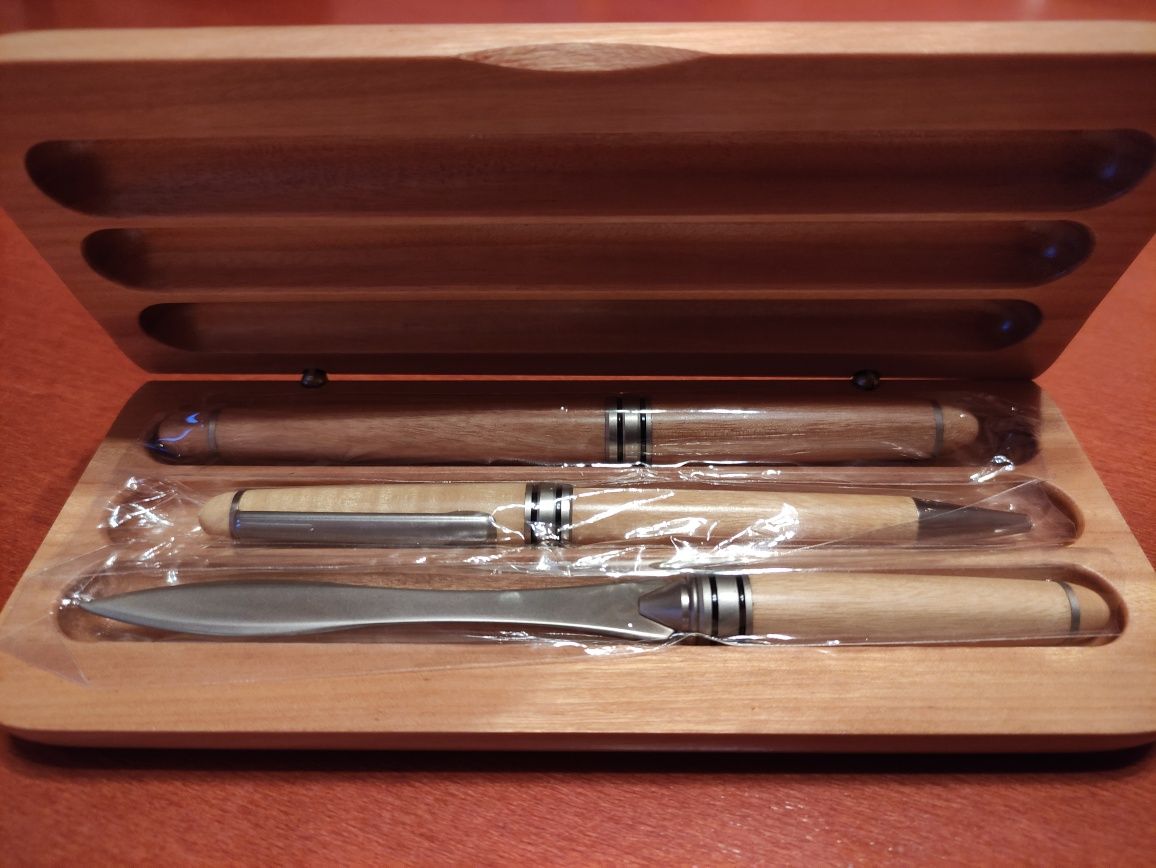 Pióro długopis nóż zestaw drewniany w etui drewnianym prezent