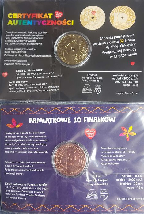 Moneta WOŚP 2024 i 2023 - 10 Finałków 32 i 31 Finał z Certyfikatem