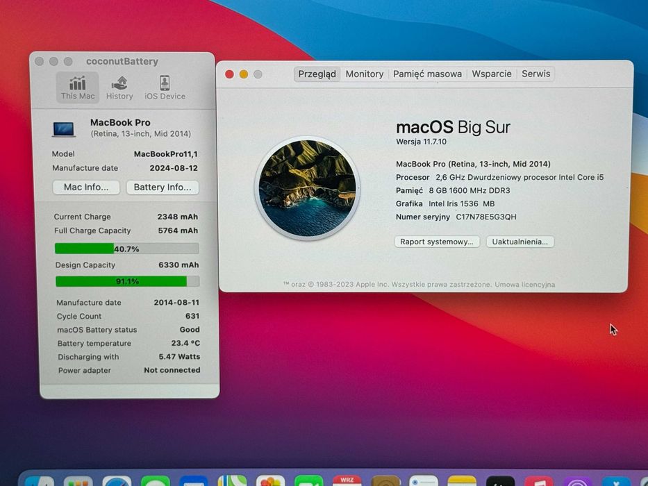 MacBook Pro 13 2014 i5 8GB RAM 128GB SSD Silver 91% Kondycji Super Sta