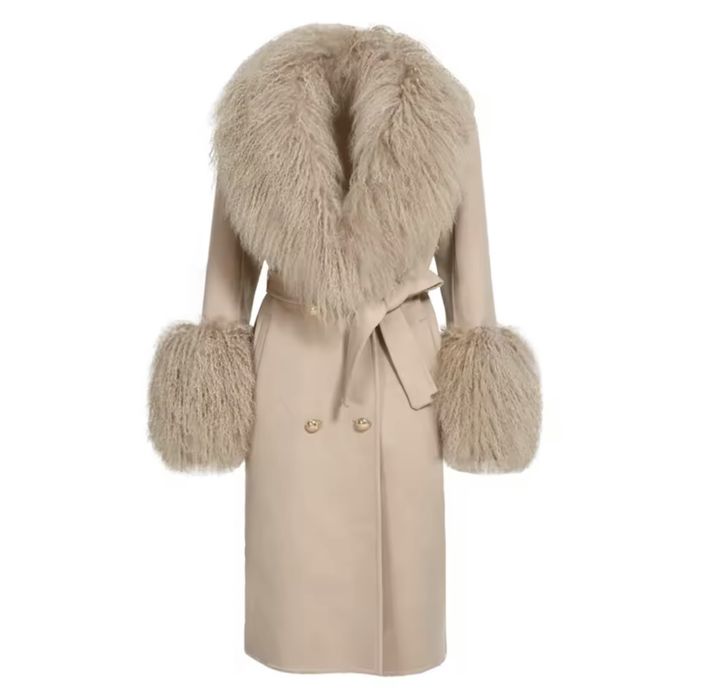 Kontantto plaszcz w bezu kaszmir i welna futro z lamy xs-3xl