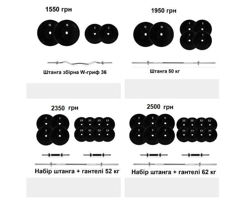 Набор штанга + гантели от 36 до 119 кг, гантели розборные