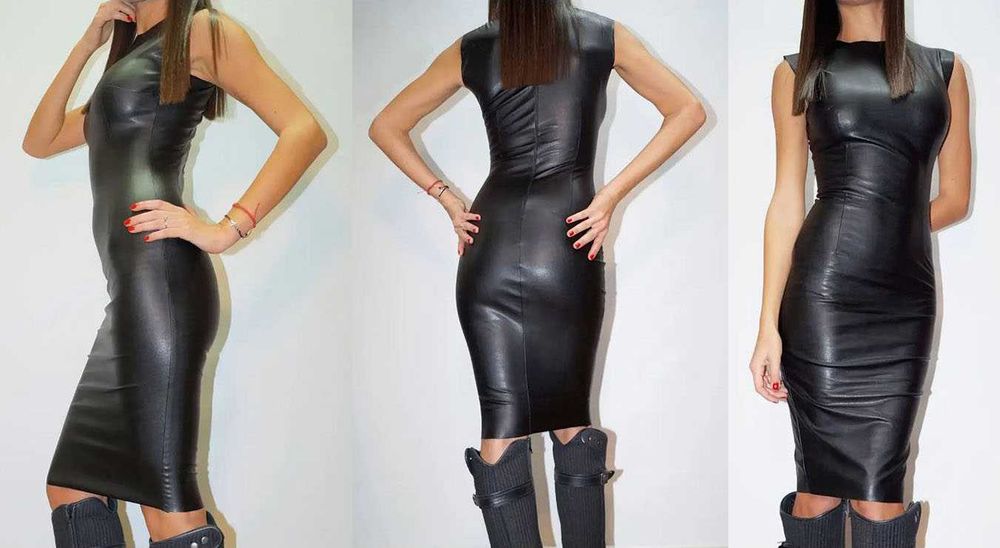 Кожаное Платье футляр шкіряна довга Сукня L-XL Ділова Госпожа Casual