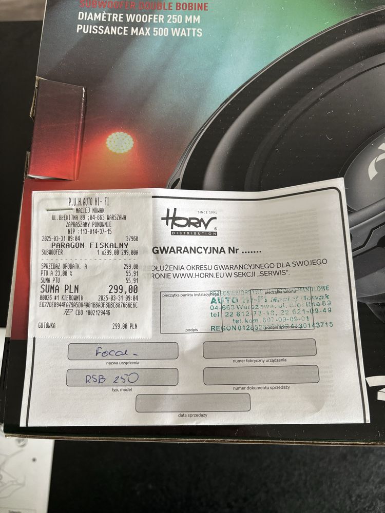 Głośnik basowy Focal RSB- 250  25cm jak nowy