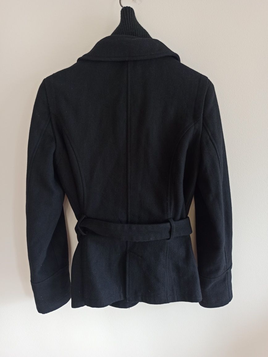 Czarny wełniany krótki płaszcz z paskiem Zara 36/S